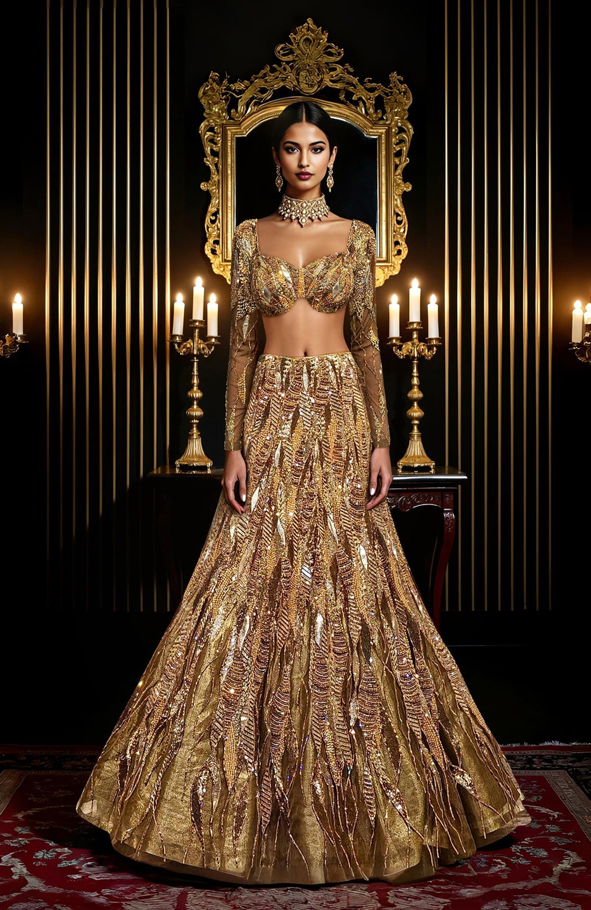 Gold hand-embroidered lehenga set with structured blouse and tulle cape featuring feather-leaf motifs