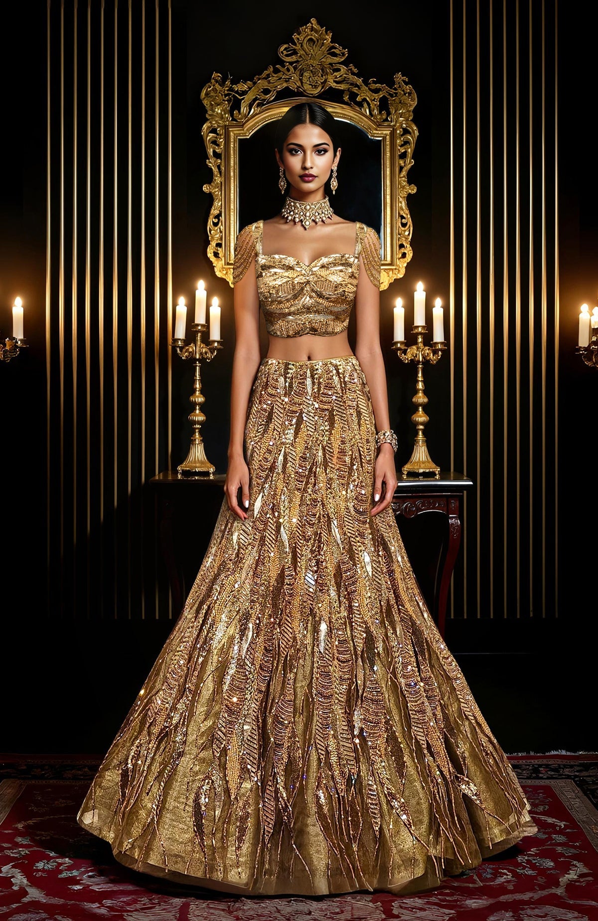 LAILA- Gold Hand Embroidered Lehenga Set With Cape
