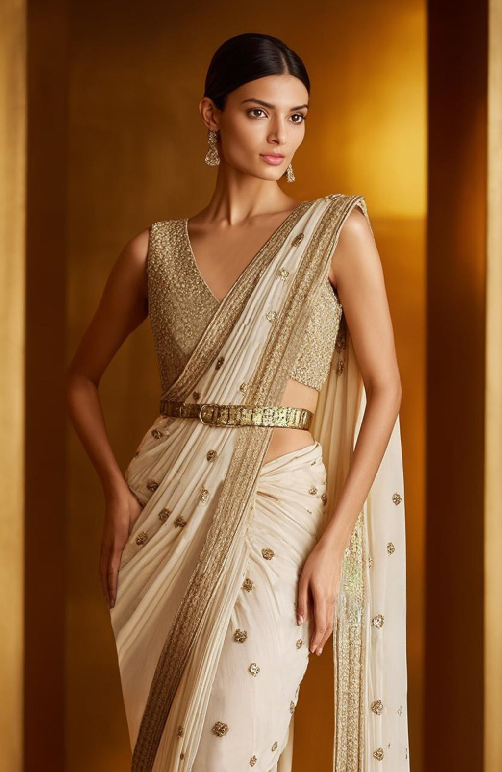Ivory georgette saree with gold zari embroidery and sleeveless V-neck blouse set.