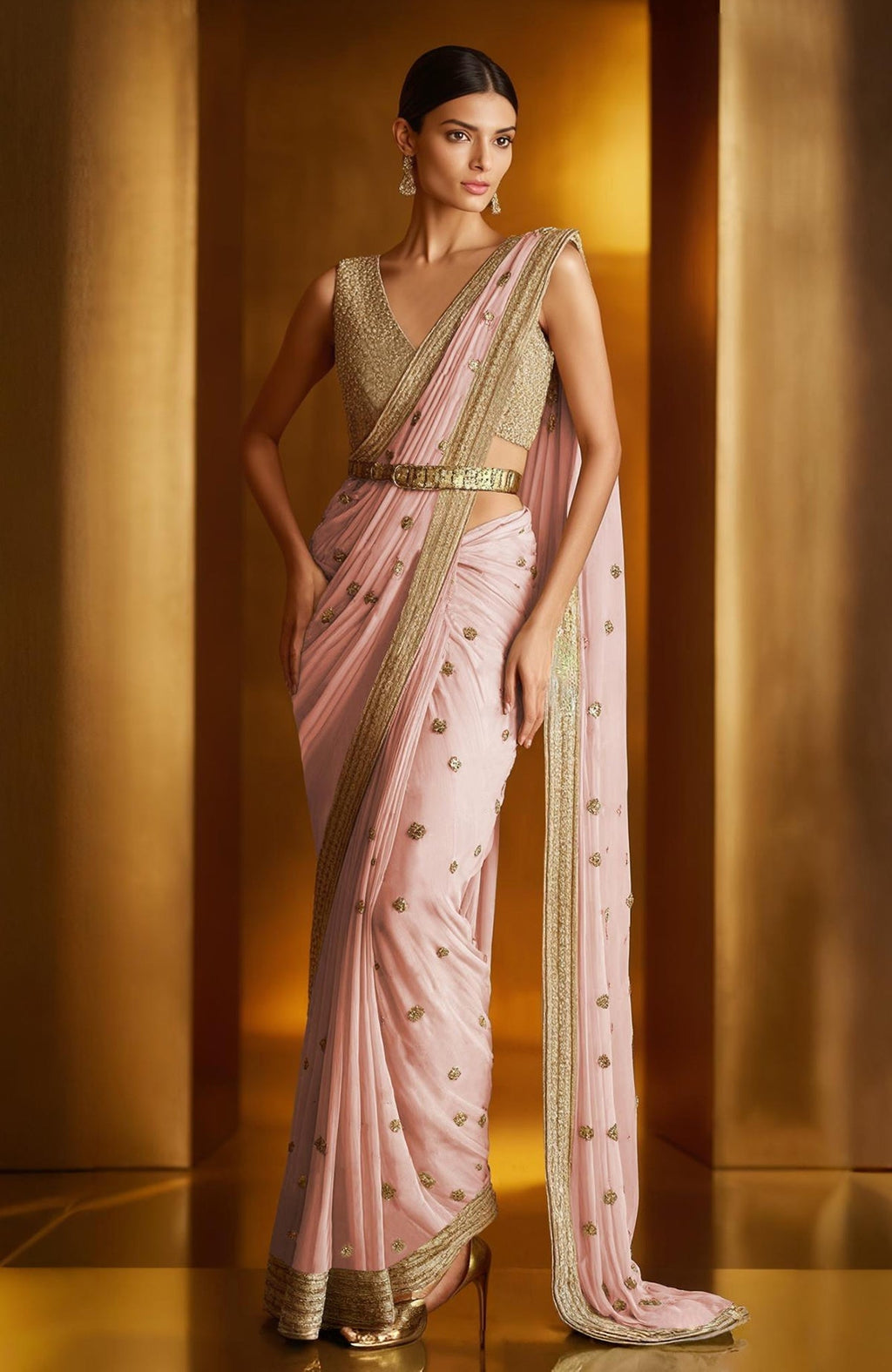 Blush pink georgette saree with gold zari embroidery and sleeveless V-neck blouse set