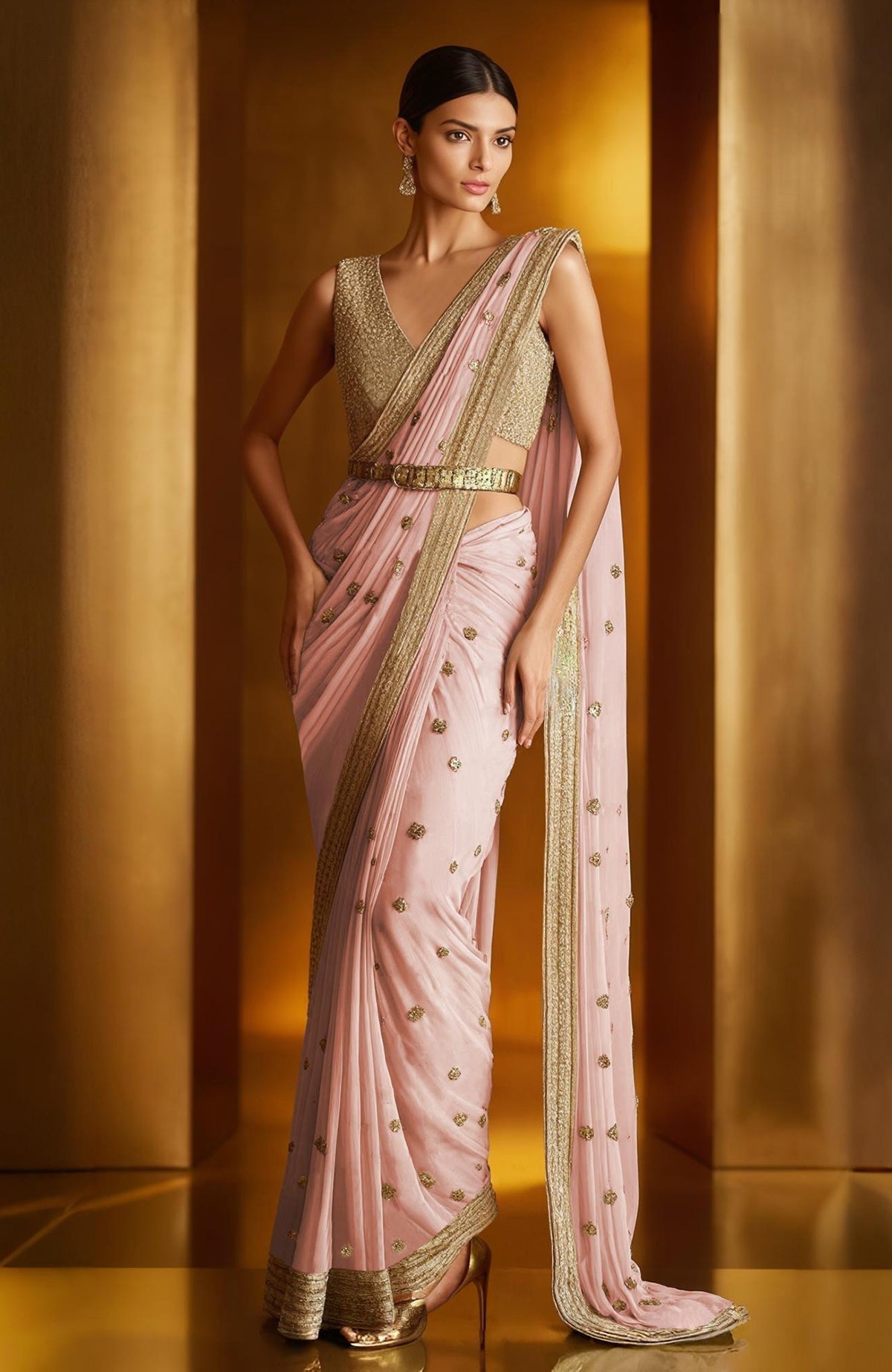 Blush pink georgette saree with gold zari embroidery and sleeveless V-neck blouse set
