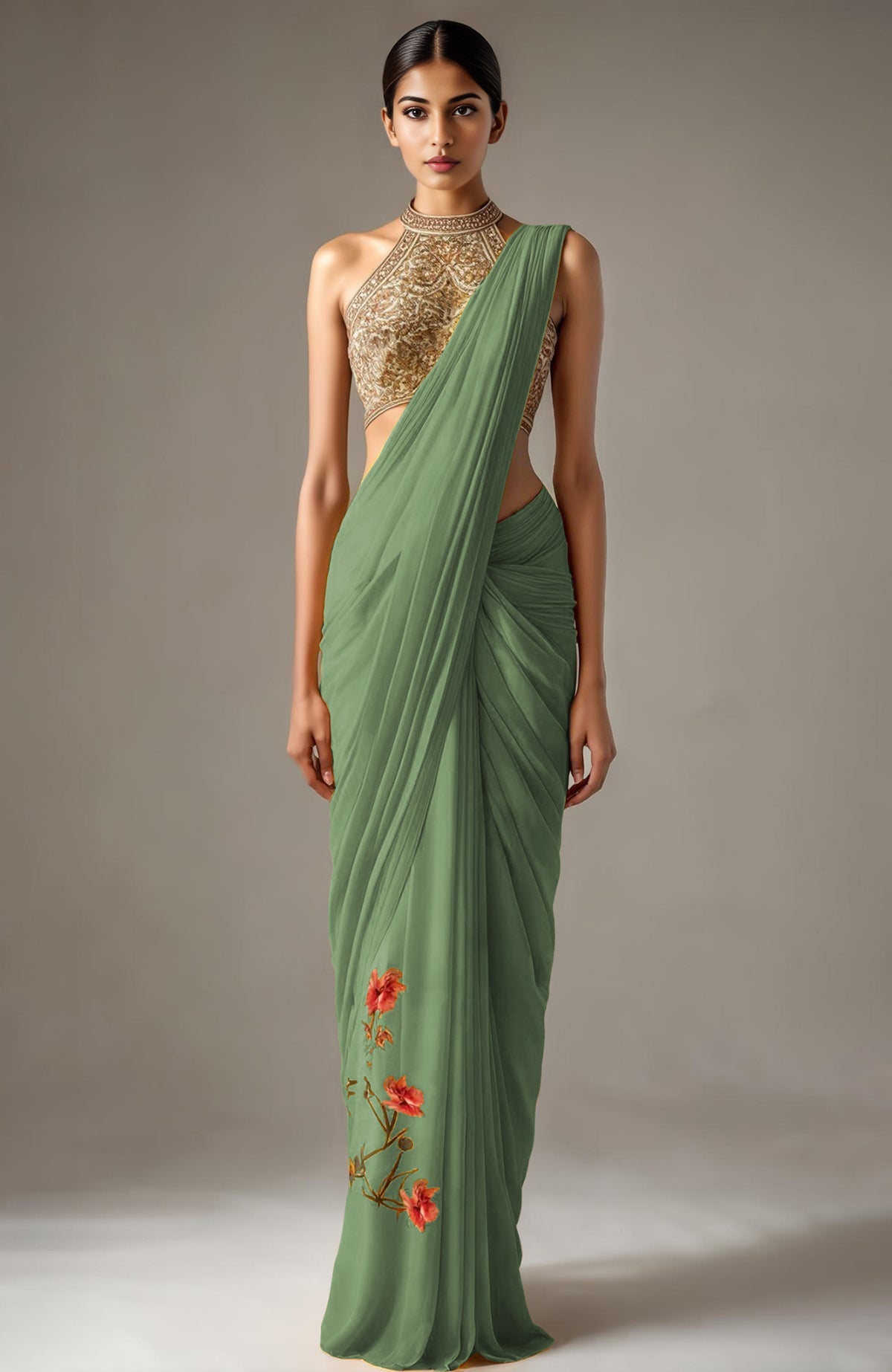 Red and pink floral saree with embroidered sleeveless halter blouse in metallic tones