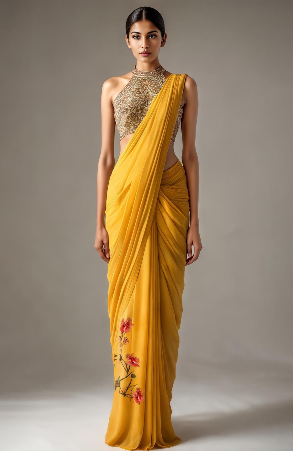 Red and pink floral saree with embroidered sleeveless halter blouse featuring metallic floral patterns