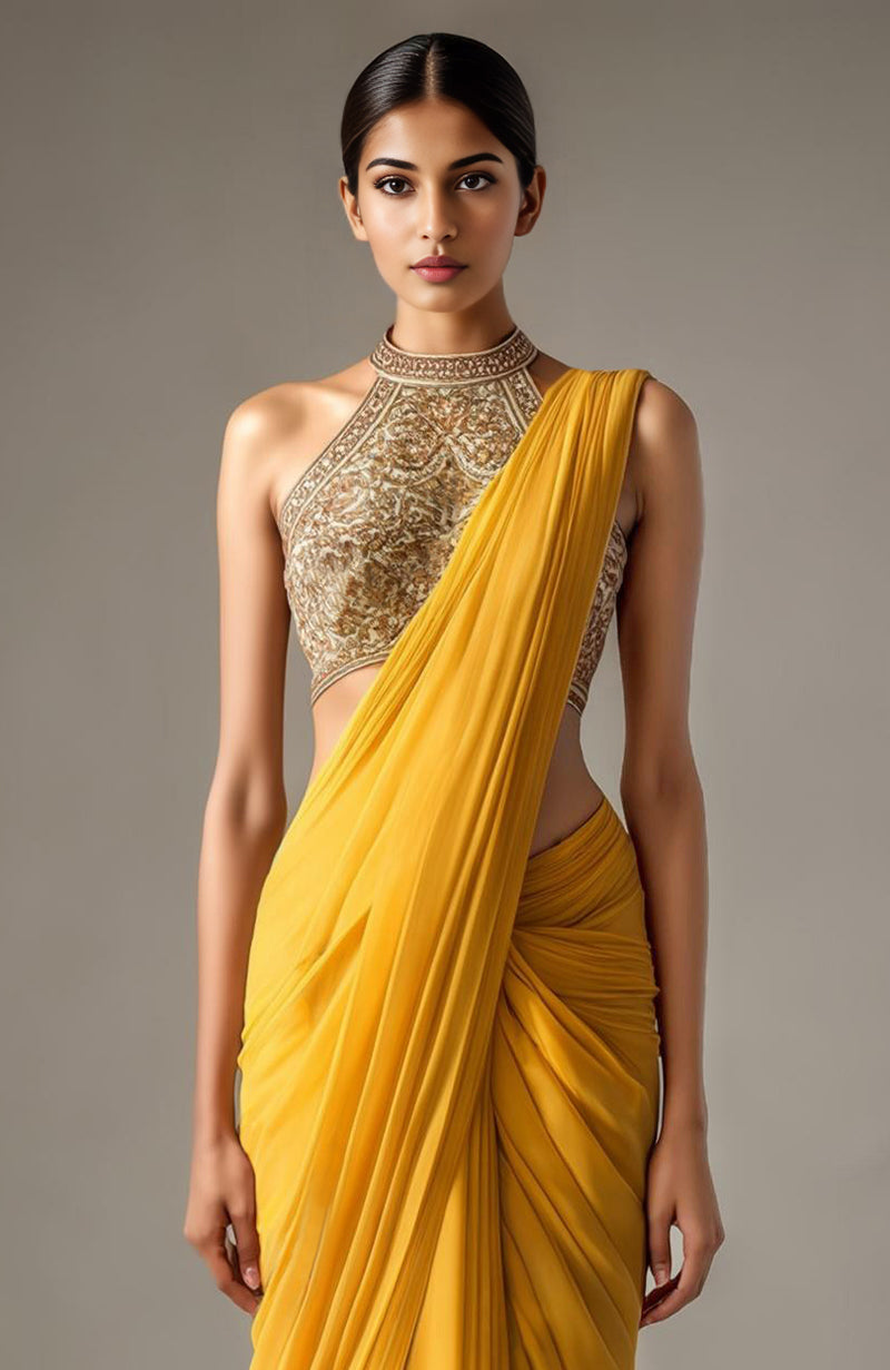 Red and pink floral saree with embroidered sleeveless halter blouse in metallic tones