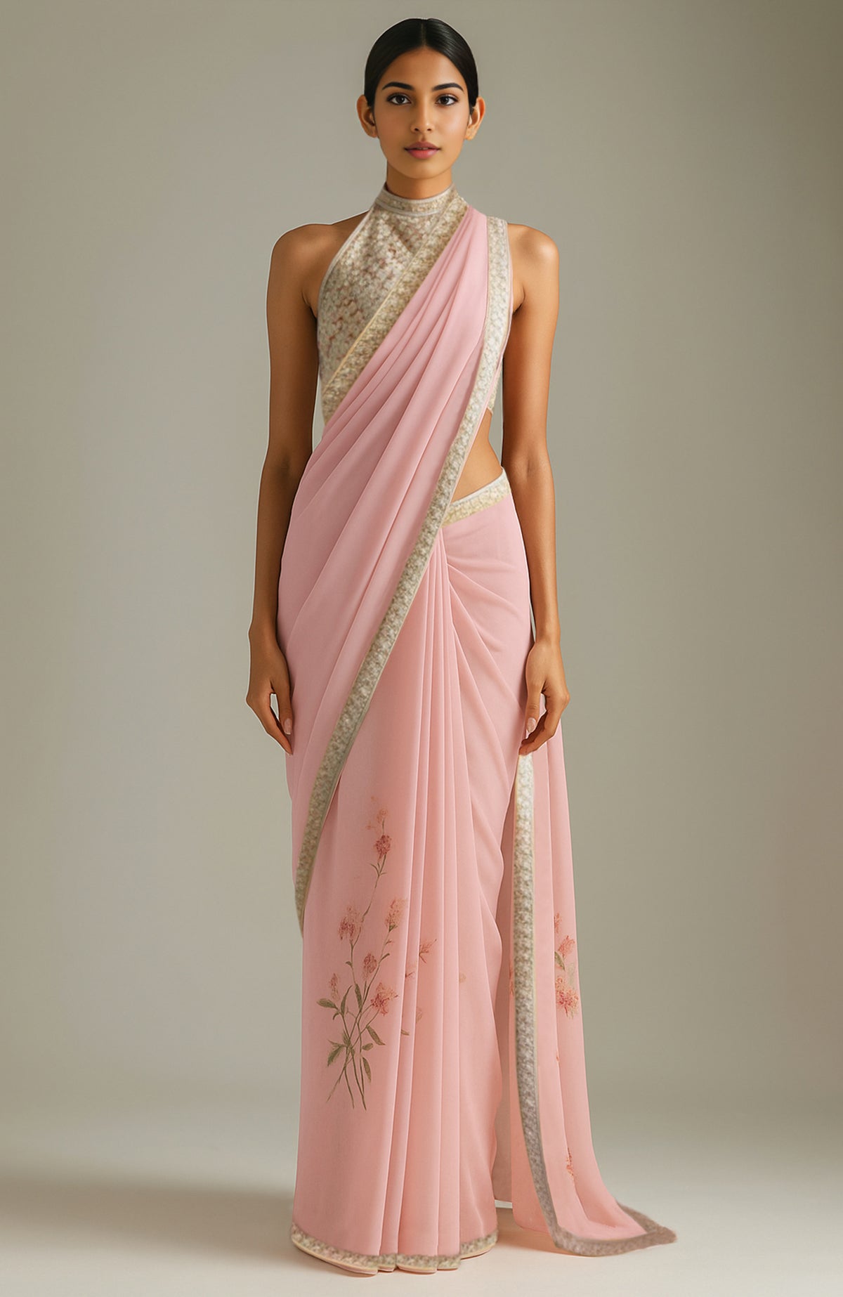 Sunlit Blossom saree with floral motifs and embroidered halter-neck blouse in ivory and gold tones