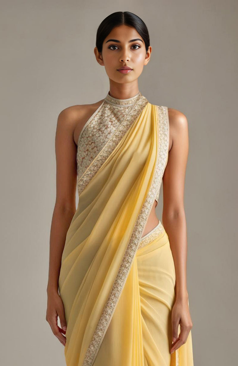 Sunlit Blossom saree with floral motifs and embroidered halter blouse in ivory and gold tones