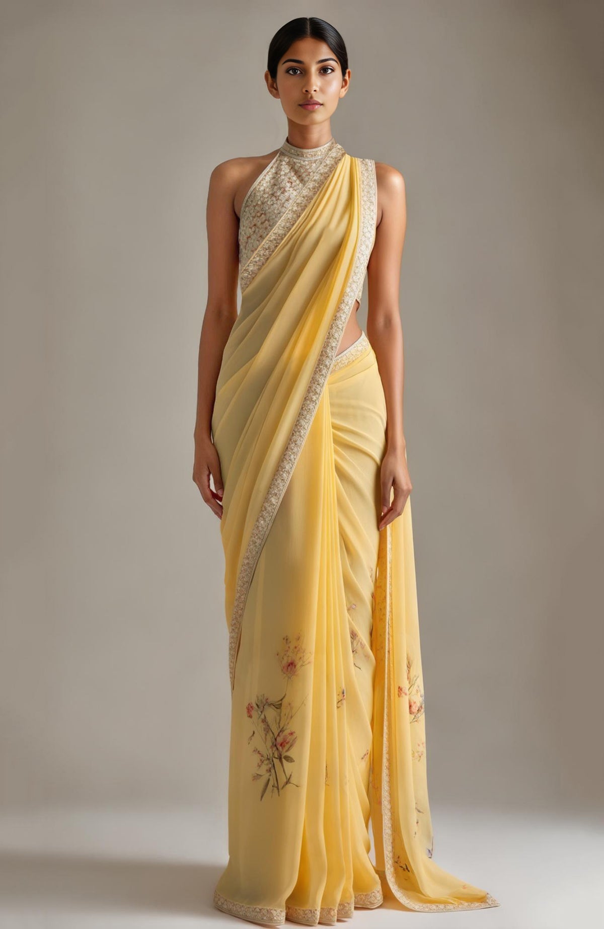 Sunlit Blossom saree with floral motifs and embroidered halter-neck blouse in ivory and gold tones