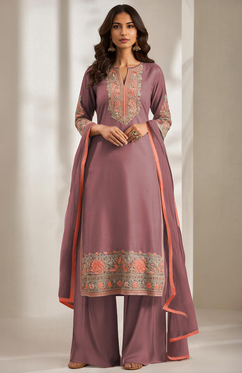 Dusty plum kurta set with peach and sage floral embroidery, V-slit neckline, and palazzo pants.