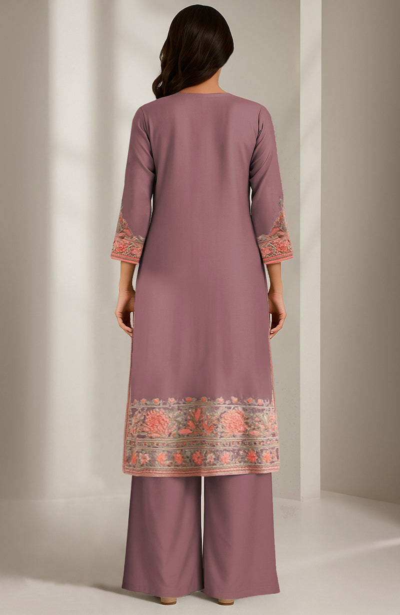 Dusty plum straight-cut kurta with peach and sage floral embroidery paired with wide-legged palazzo pants
