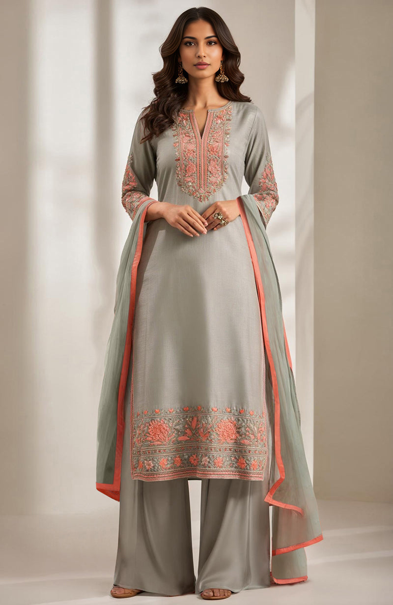 Pale gold kurta set with peach and sage floral embroidery and wide-legged palazzo pants