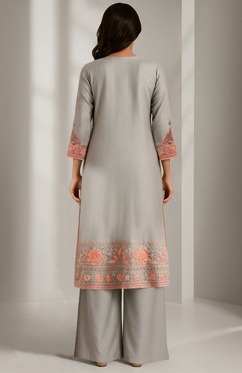 Dove grey kurta set with peach and sage floral embroidery and wide-legged palazzo pants