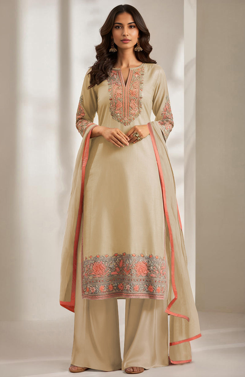 Dusty plum kurta set with peach and sage floral embroidery, V-slit neckline, and palazzo pants.