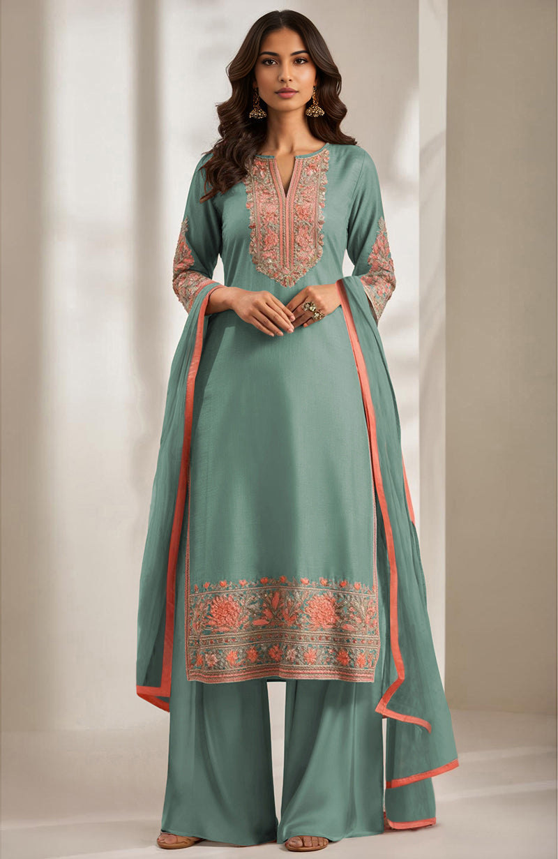 Teal green knee-length kurta with peach and sage floral embroidery and wide-legged palazzo pants