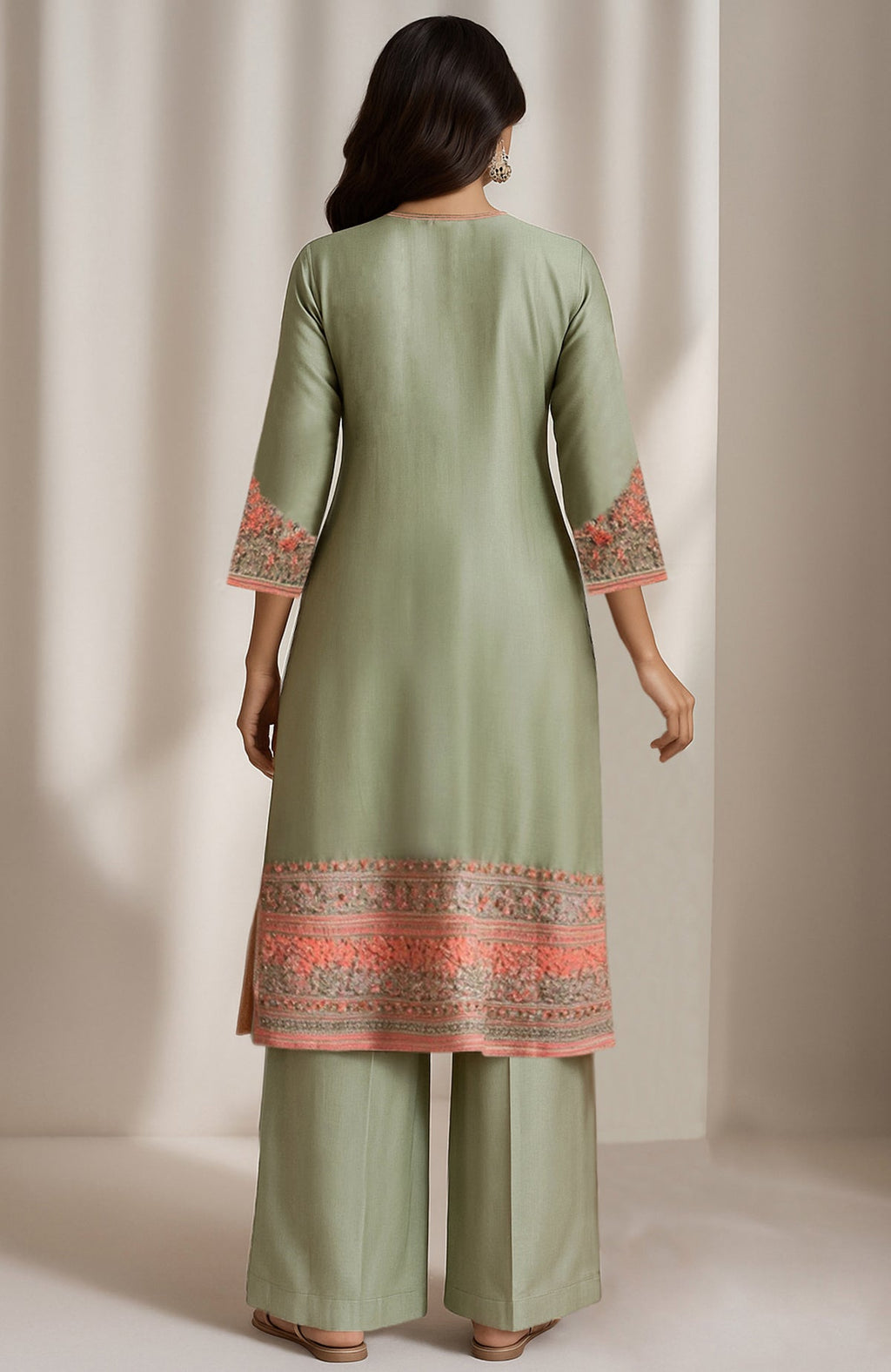 Sage green kurta set with salmon peach and gold floral embroidery and wide-leg trousers
