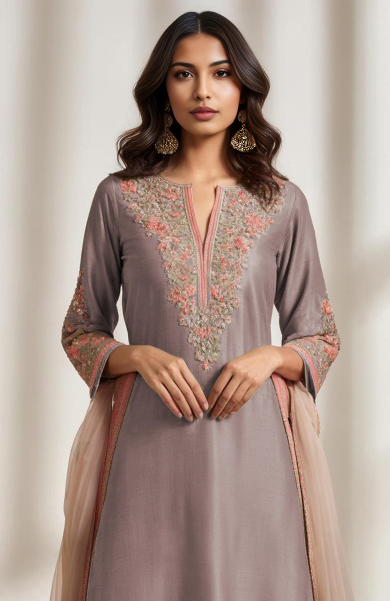 Mauve grey kurta with salmon peach and gold floral embroidery paired with wide-leg trousers and organza dupatta
