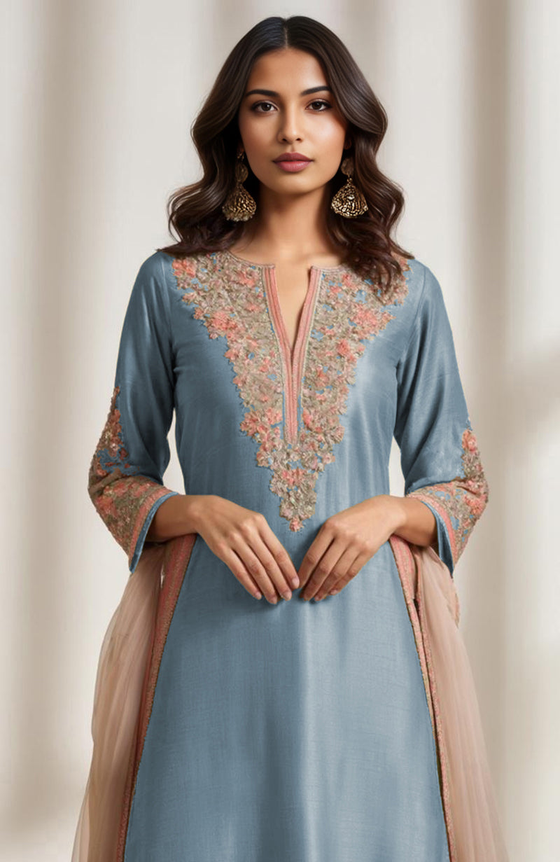 Powdered indigo kurta set with salmon peach and gold floral embroidery and wide-leg trousers
