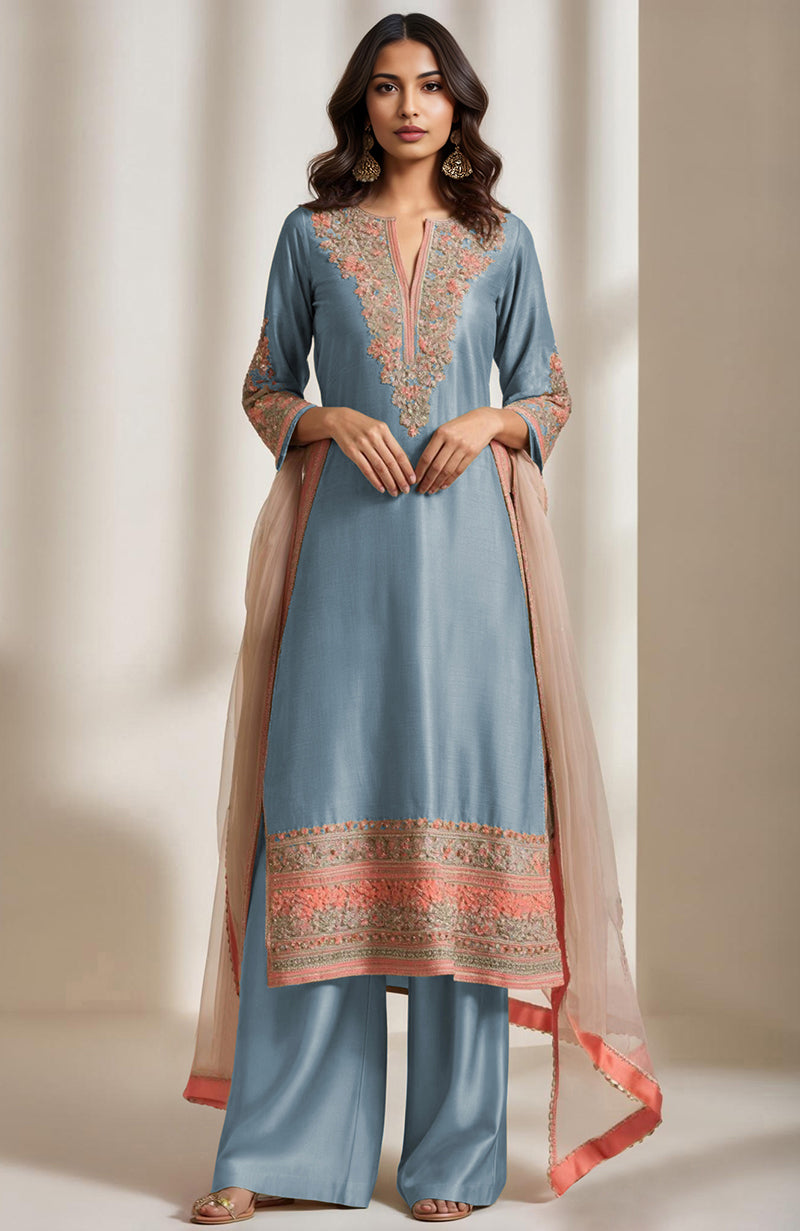Sage green kurta set with salmon peach and gold floral embroidery and wide-leg trousers