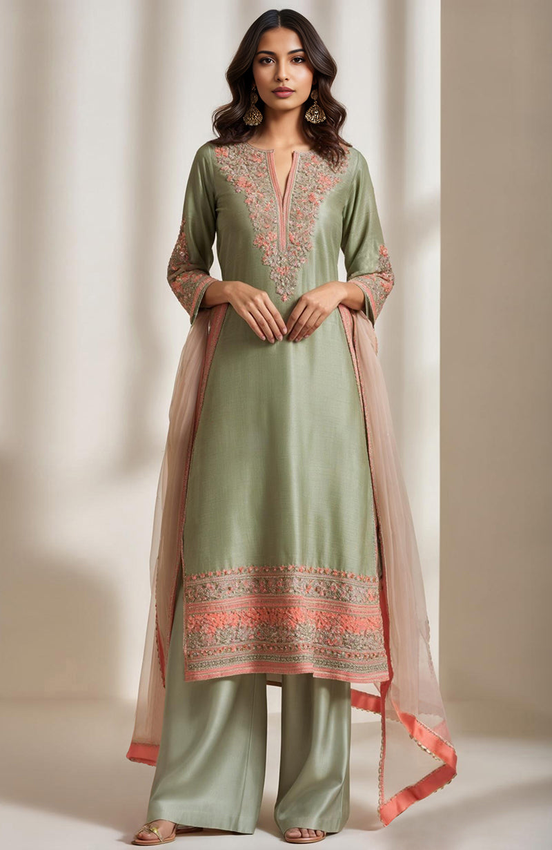 Sage green kurta set with salmon peach and gold floral embroidery and wide-leg trousers