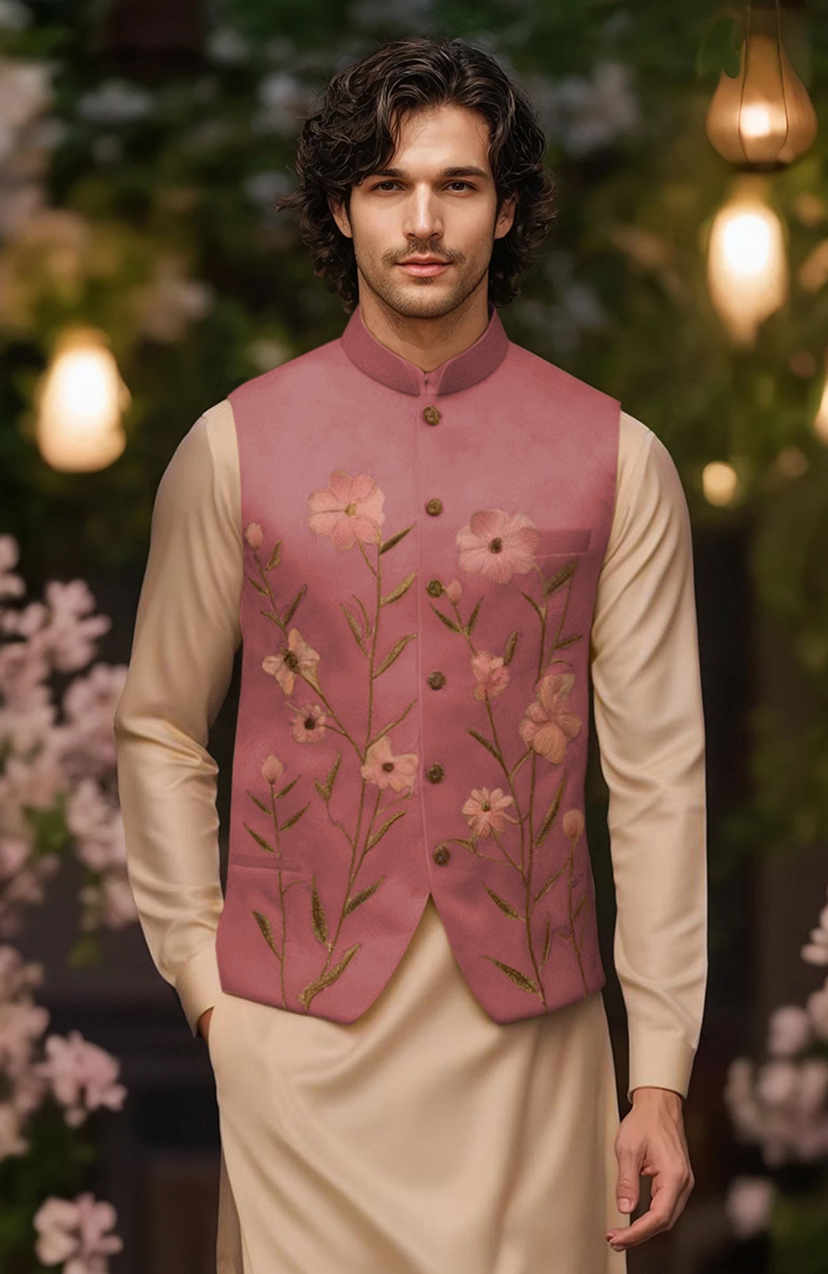 Beige straight-cut kurta with full sleeves and floral embroidered pastel pink bandi jacket.