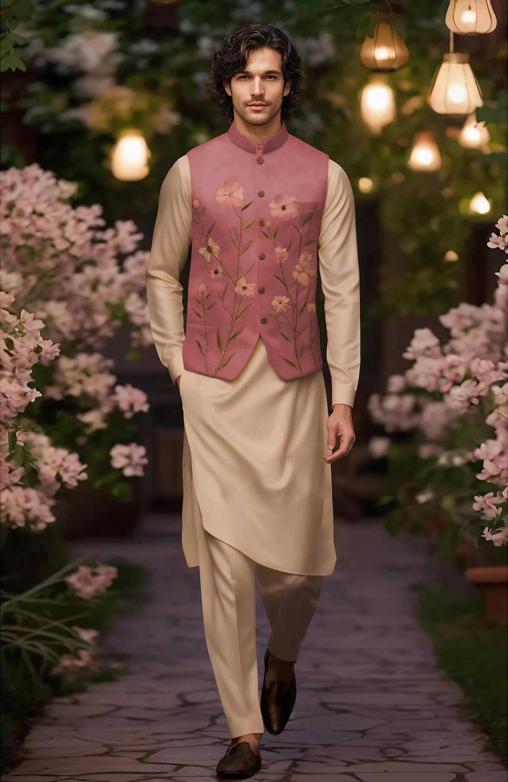 Light beige kurta set with full sleeves and floral embroidered beige bandi jacket with mandarin collar