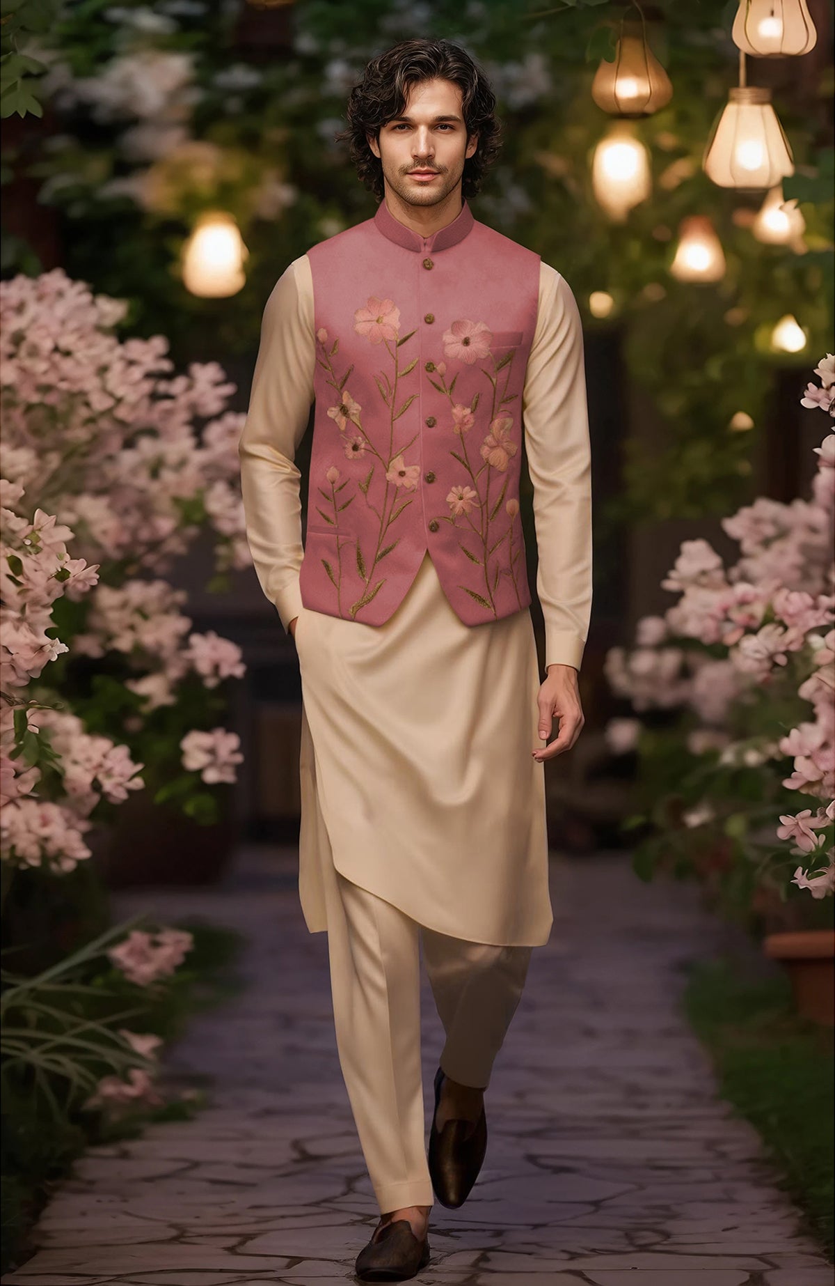 Light beige kurta set with full sleeves and floral embroidered beige bandi jacket with mandarin collar