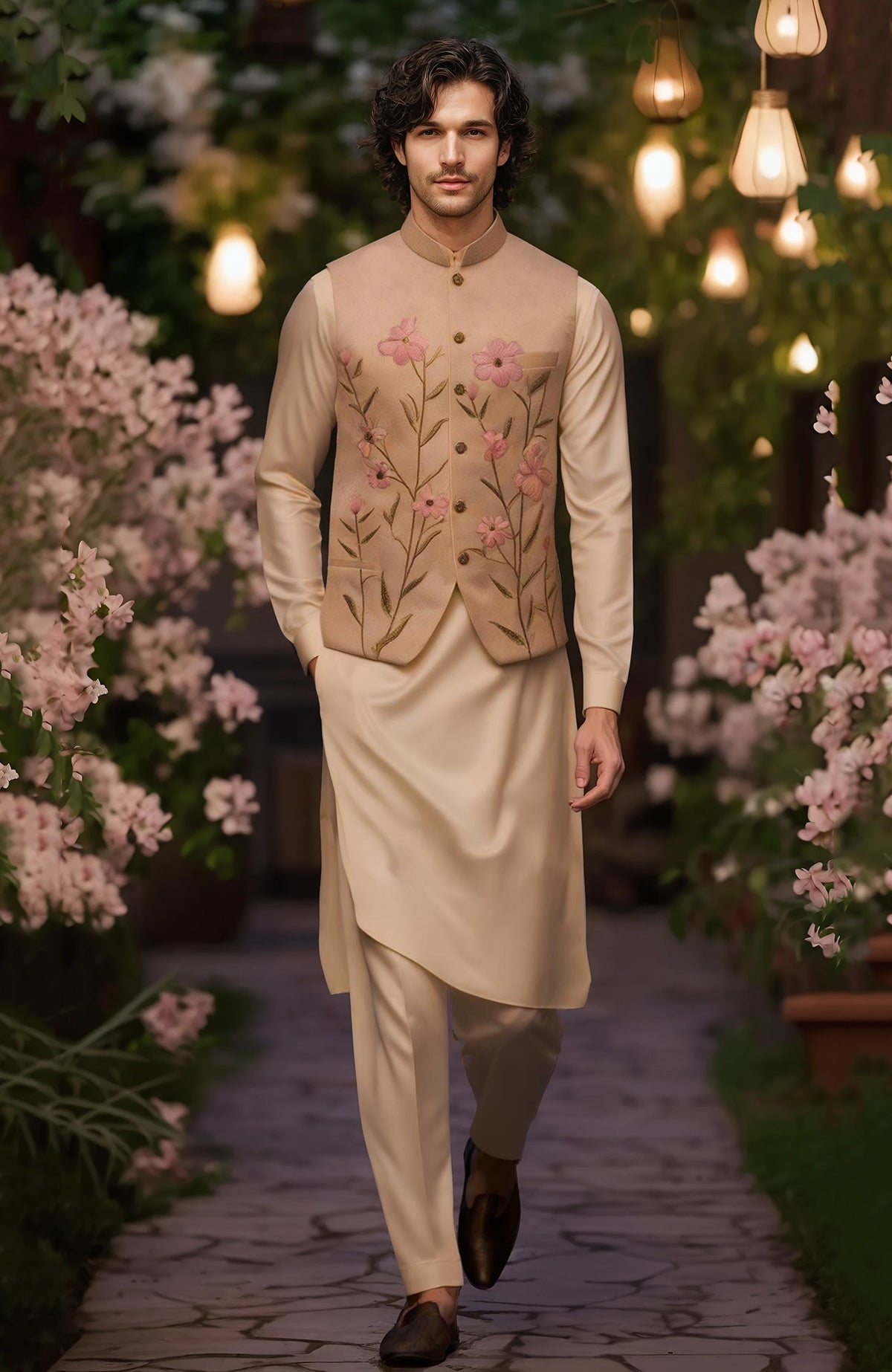 Beige straight-cut kurta with full sleeves and floral embroidered pastel pink bandi jacket.