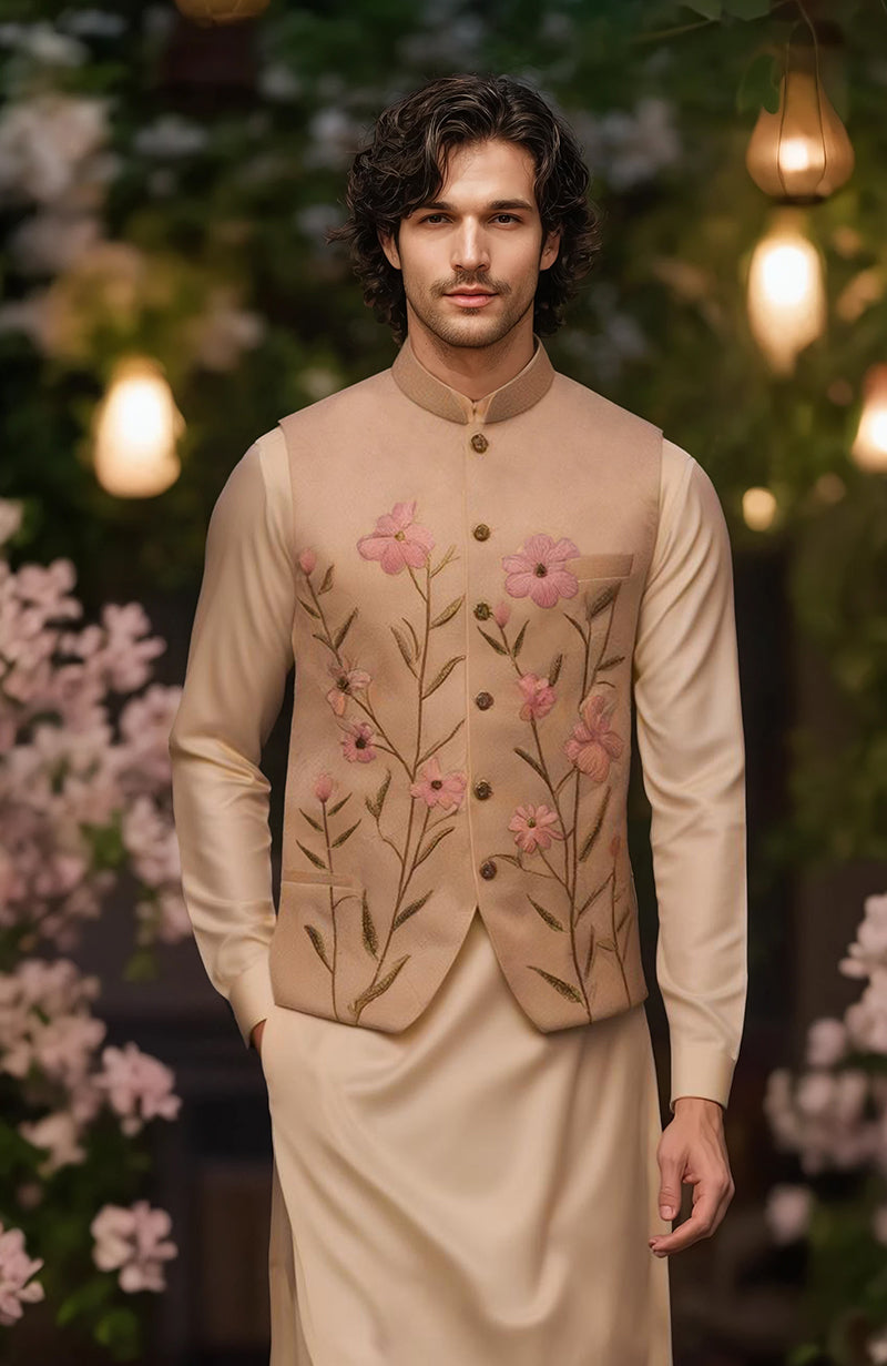 Light beige kurta set with full sleeves and floral embroidered beige bandi jacket with mandarin collar