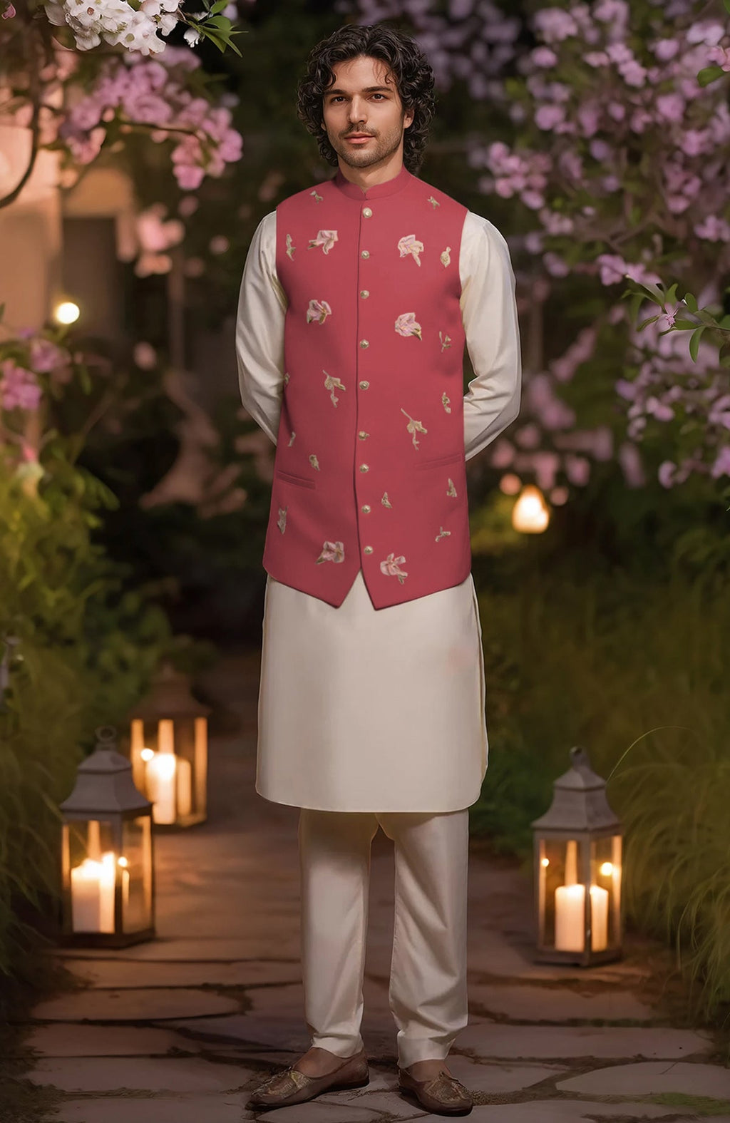 Ivory full-sleeve kurta with tapered trousers and cream bandi jacket with pink floral embroidery