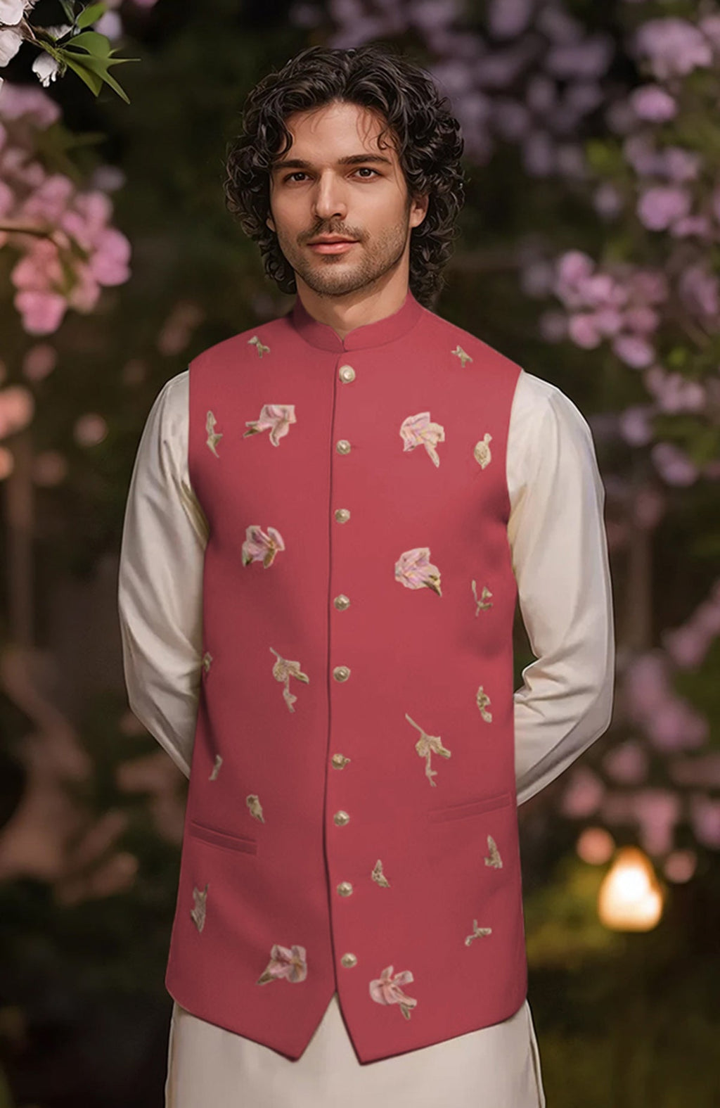 Ivory straight-cut kurta with full sleeves and tapered trousers paired with floral embroidered bandi jacket