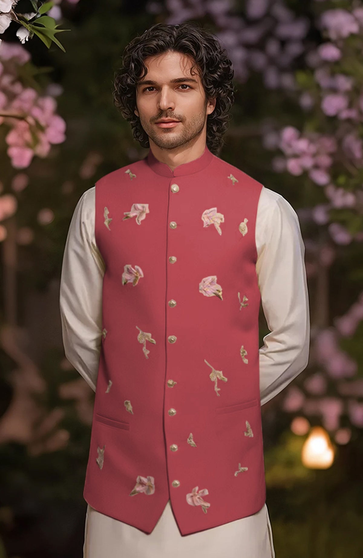 Ivory straight-cut kurta with full sleeves and tapered trousers paired with floral embroidered bandi jacket
