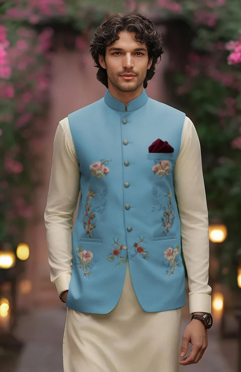 Ivory kurta set with full sleeves and slim trousers paired with baby blue floral embroidered bandi jacket