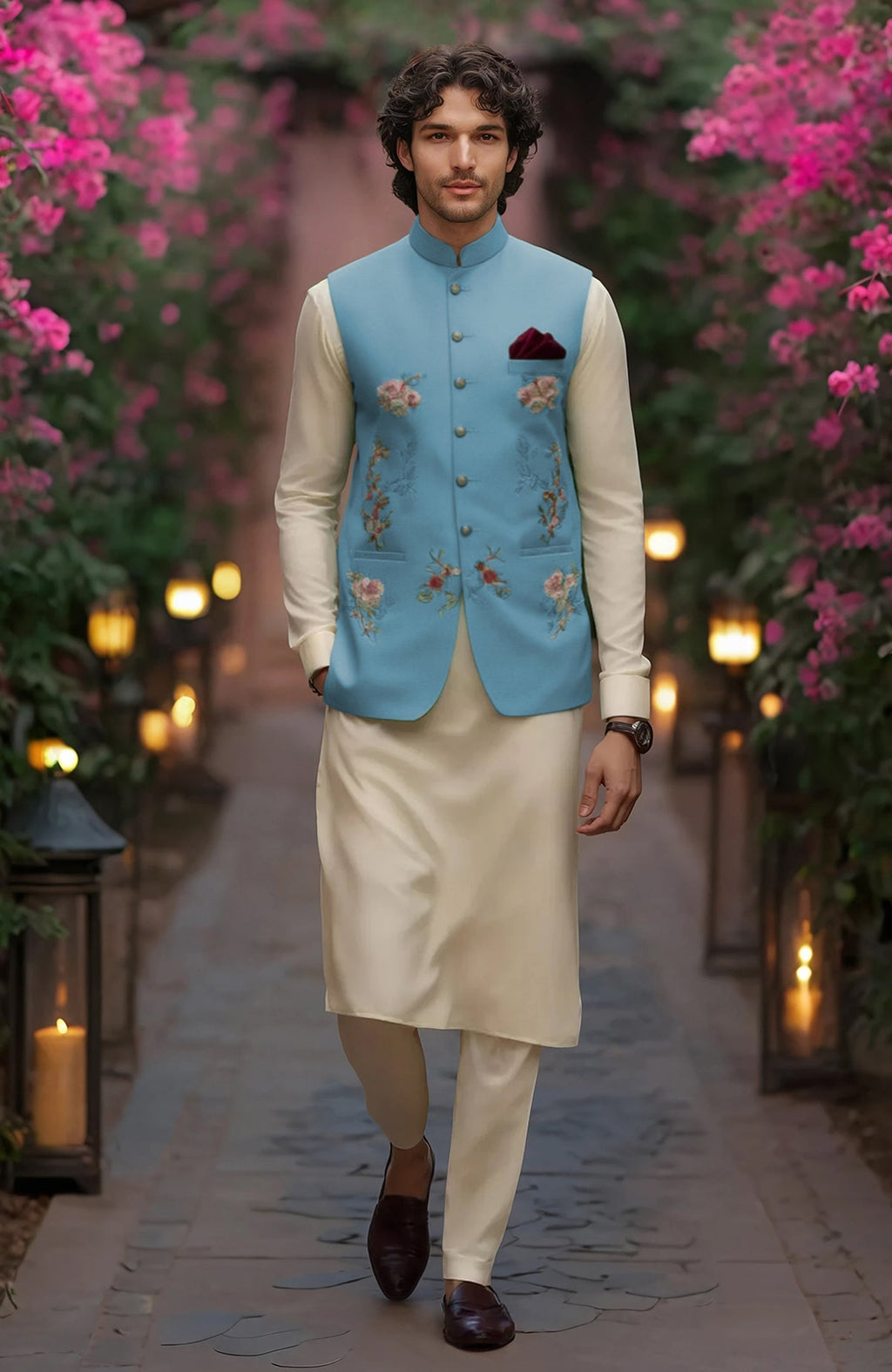 Ivory kurta with full sleeves and slim trousers paired with mint green floral embroidered bandi jacket