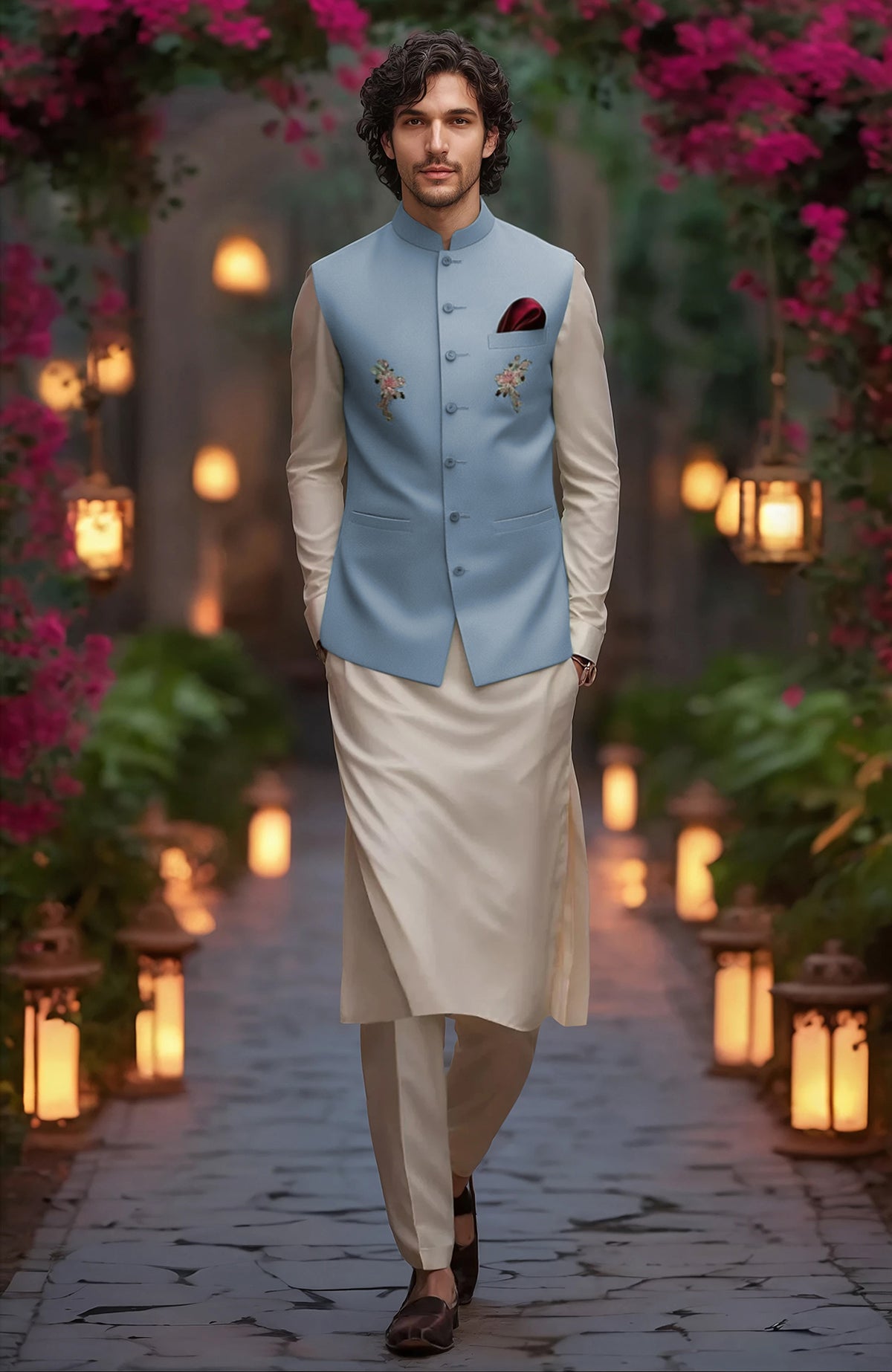 Beige straight-cut kurta with full sleeves and tapered trousers paired with mint green floral embroidered bandi jacket