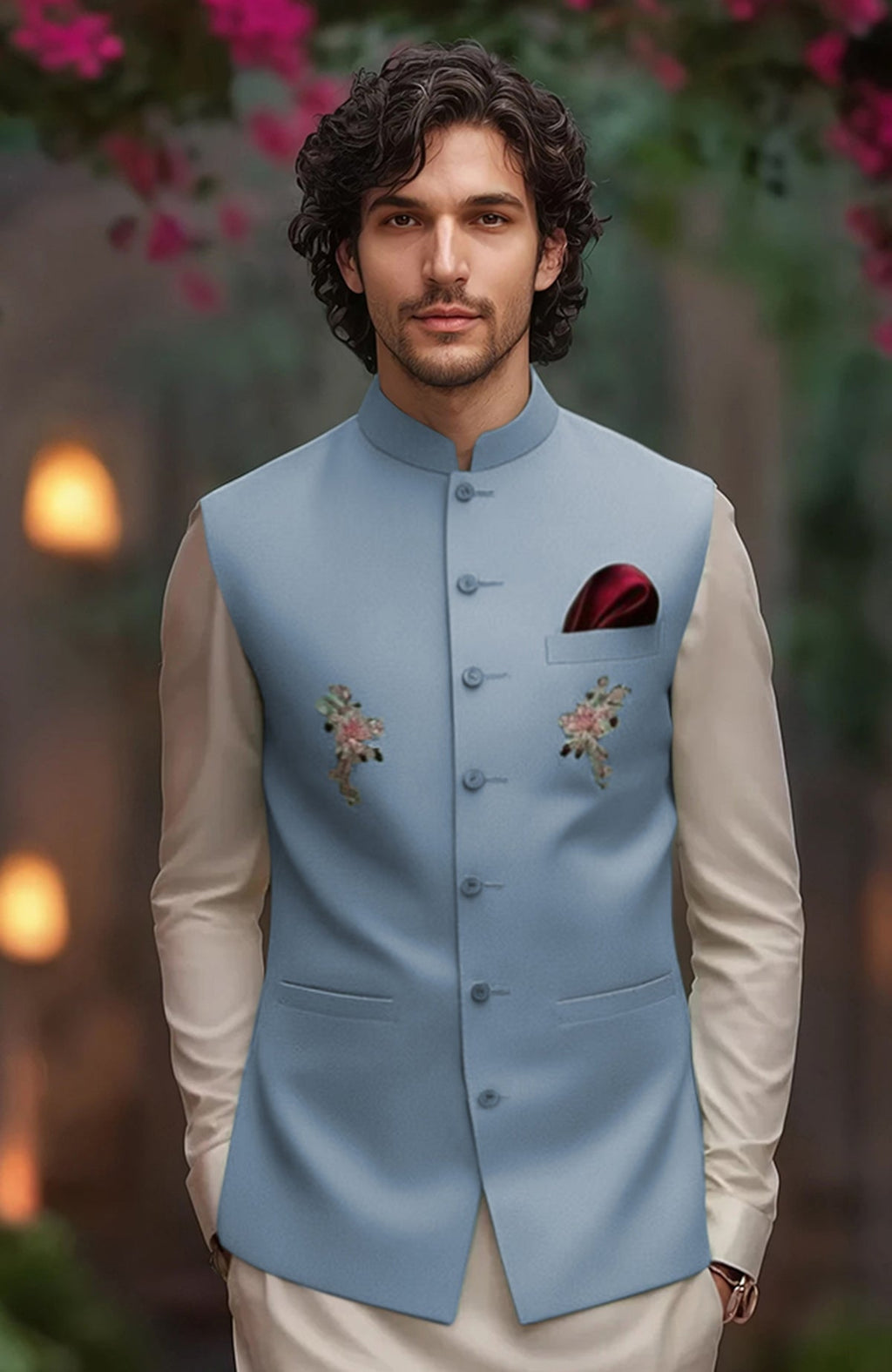 Beige kurta set with full sleeves and tapered trousers paired with floral embroidered bandi jacket