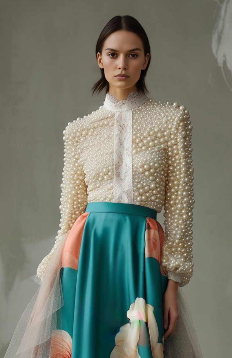 Teal floral A-line skirt with dotted overlay paired with pearl-embroidered high-neck long sleeve top