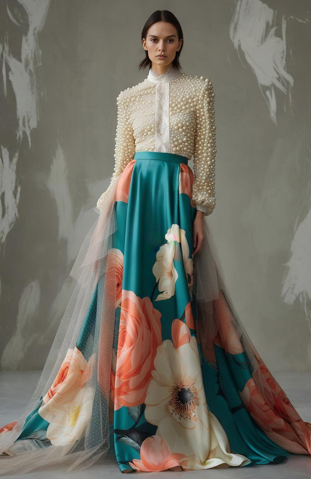 Teal A-line skirt with coral floral print and pearl-embroidered high-neck long-sleeve top