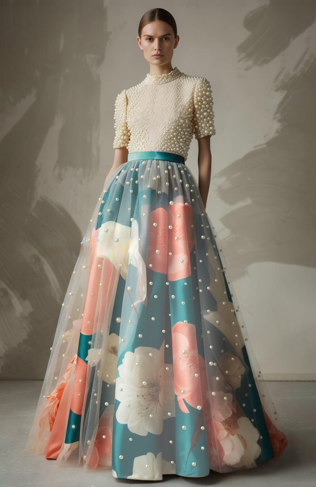 Teal floral skirt set with pearl-embroidered high-neck top and sheer tulle overlay.