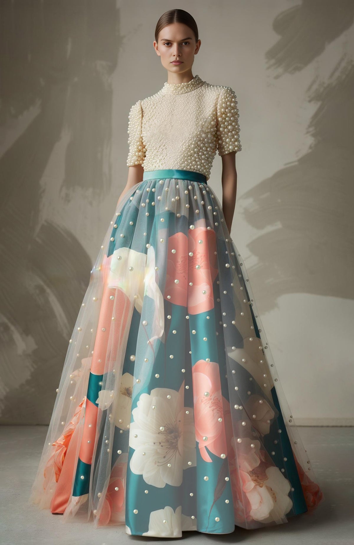 Teal floral skirt set with pearl-embroidered high-neck top and sheer tulle overlay.