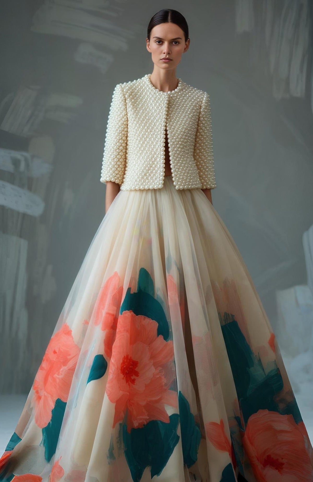 Pearl-embroidered cropped jacket with round neck and floral high-waisted full-length skirt.