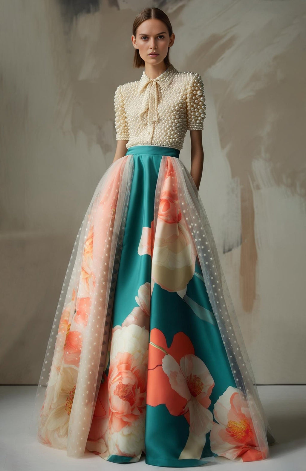 Teal A-line skirt with floral print and sheer overlay paired with pearl-embroidered short-sleeve blouse.