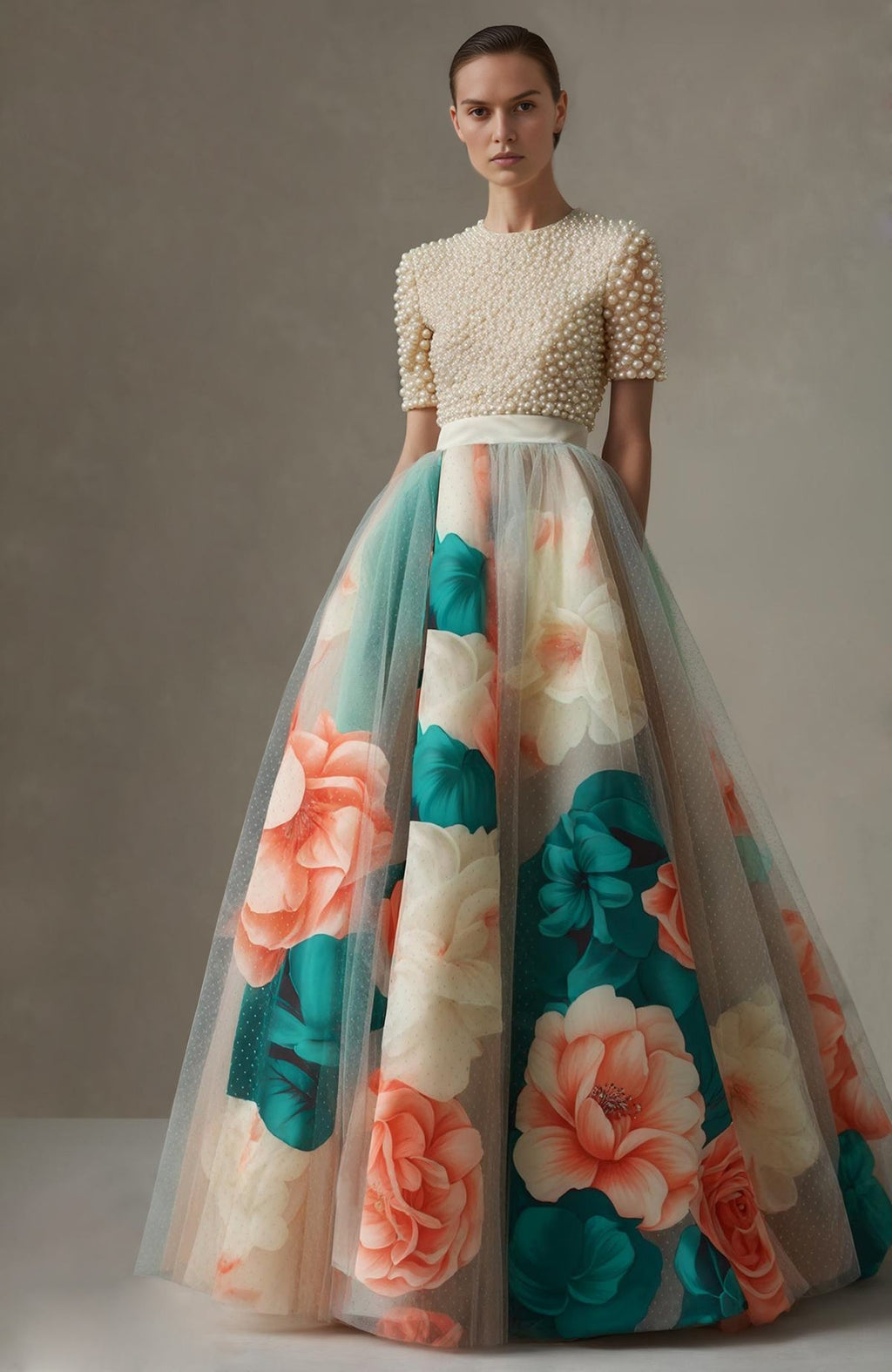 Pearl-embroidered short-sleeve top with high-waisted floral A-line skirt with sheer overlay.