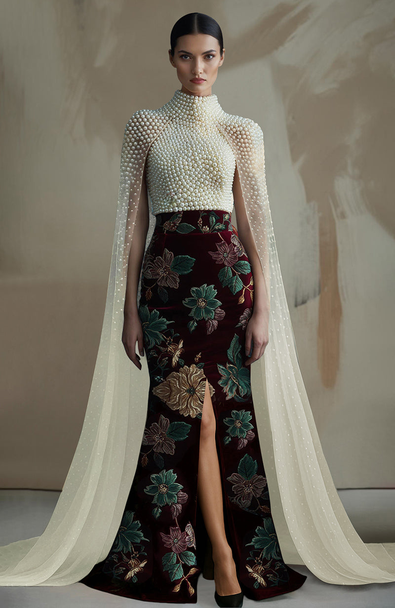 Crimson floral skirt set with pearl-embroidered high-neck top and floor-length cape panels.