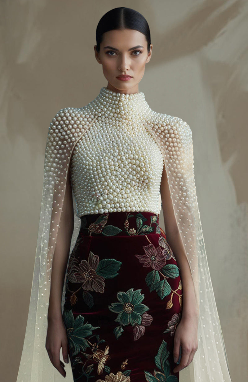 Deep burgundy floral skirt with thigh slit paired with pearl-embroidered high-neck cape top.