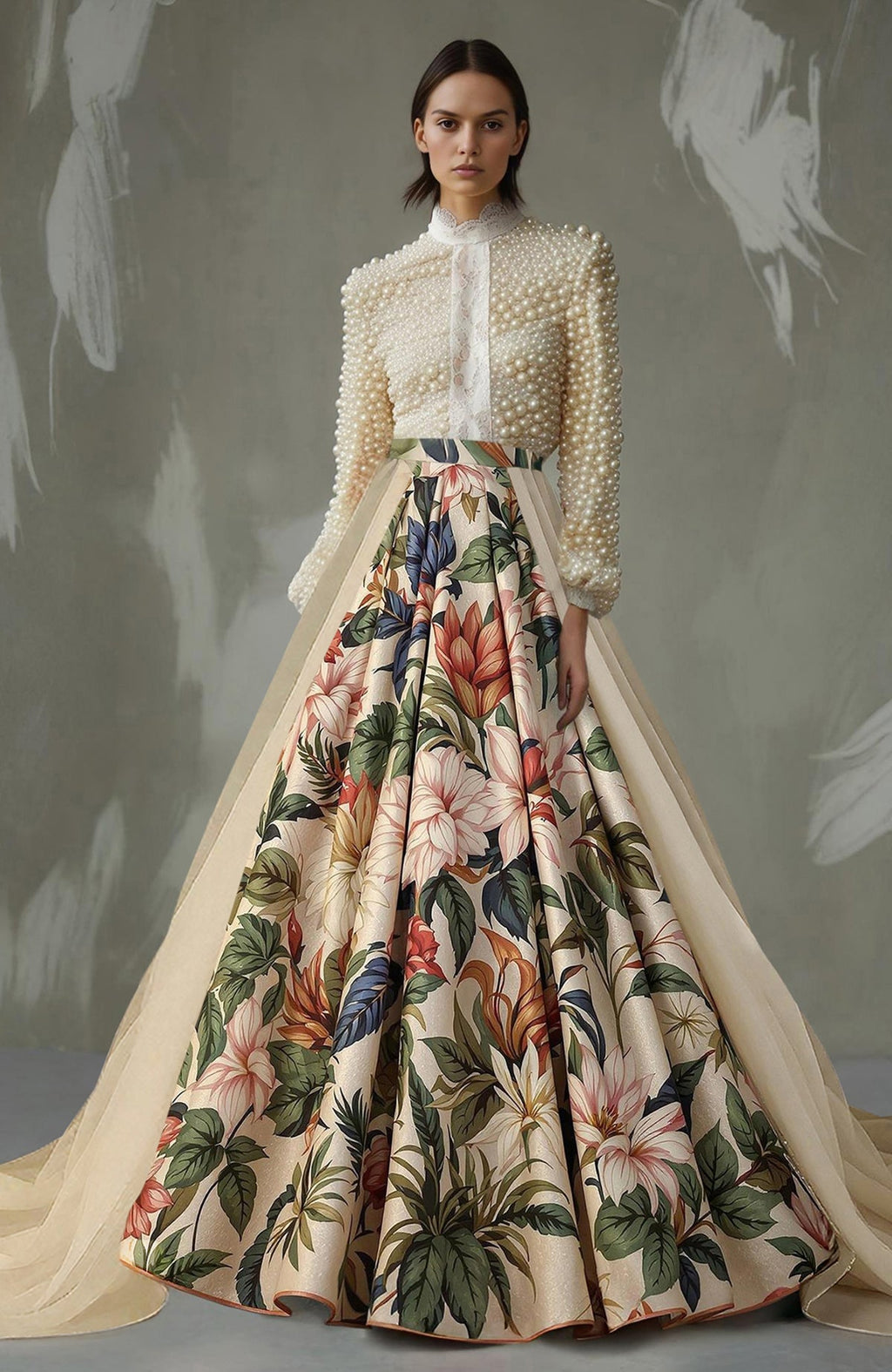 Embroidered floral skirt set with pearl-adorned long-sleeve top and voluminous A-line skirt