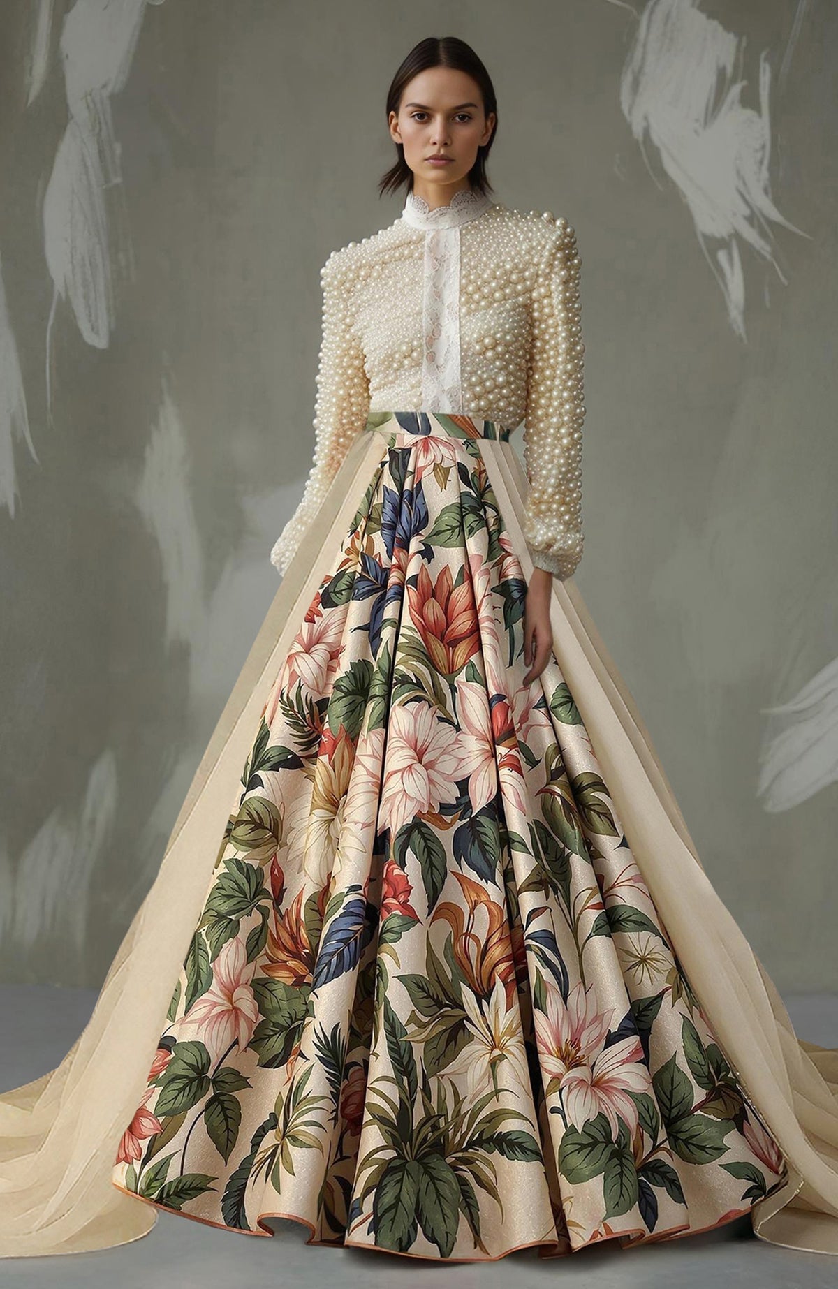 Embroidered floral skirt set with pearl-adorned long-sleeve top and voluminous A-line skirt