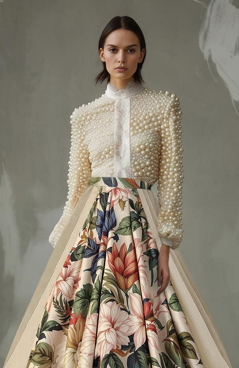 Top with pearl embroidery and scalloped collar paired with a full floral A-line skirt.