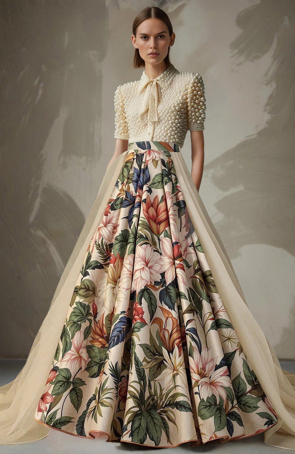 Pearl-embroidered short-sleeve blouse with necktie and high-waisted floral A-line skirt set.