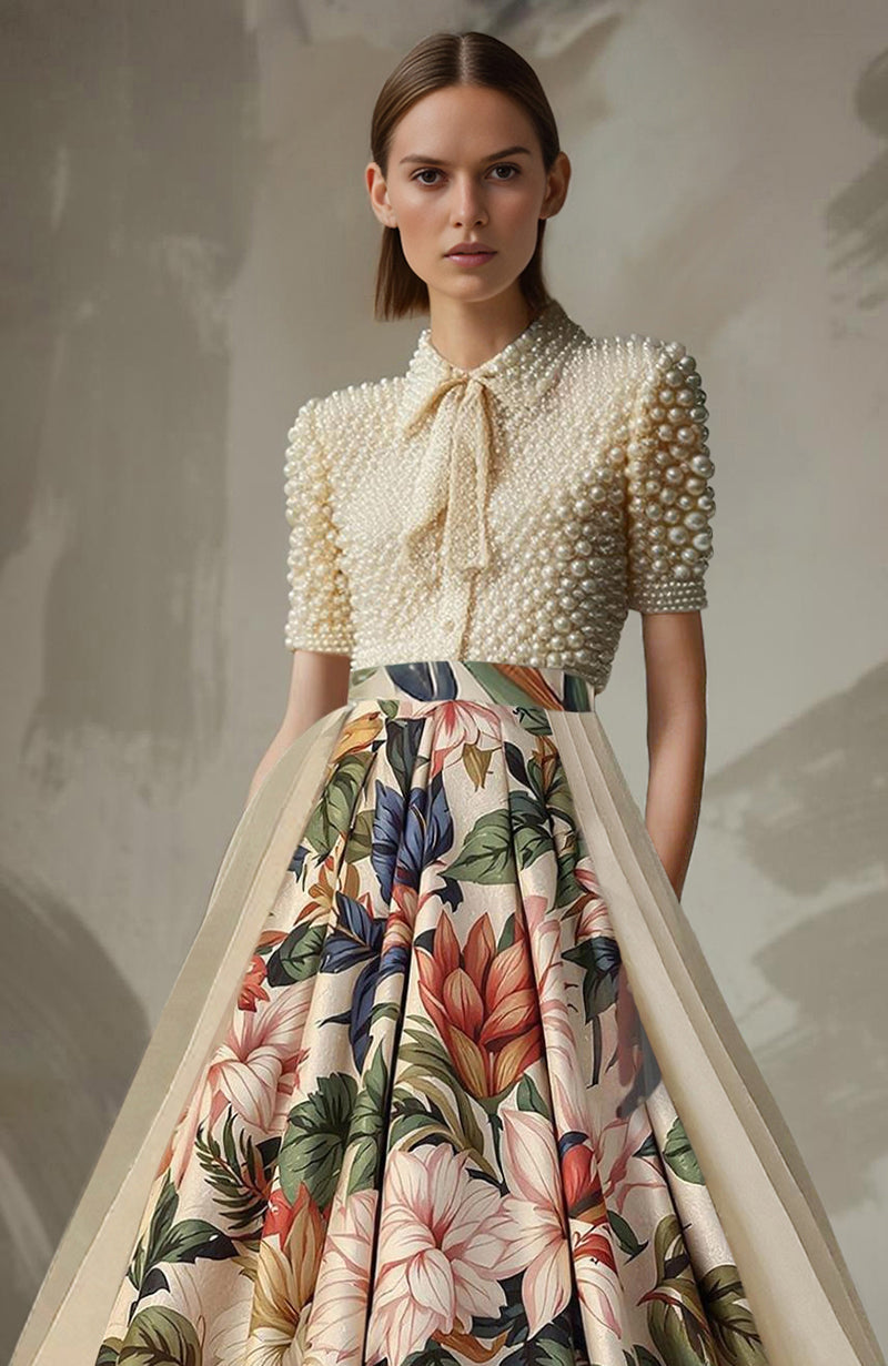Pearl-embroidered short-sleeve blouse with necktie and full-length floral A-line skirt with sheer panels