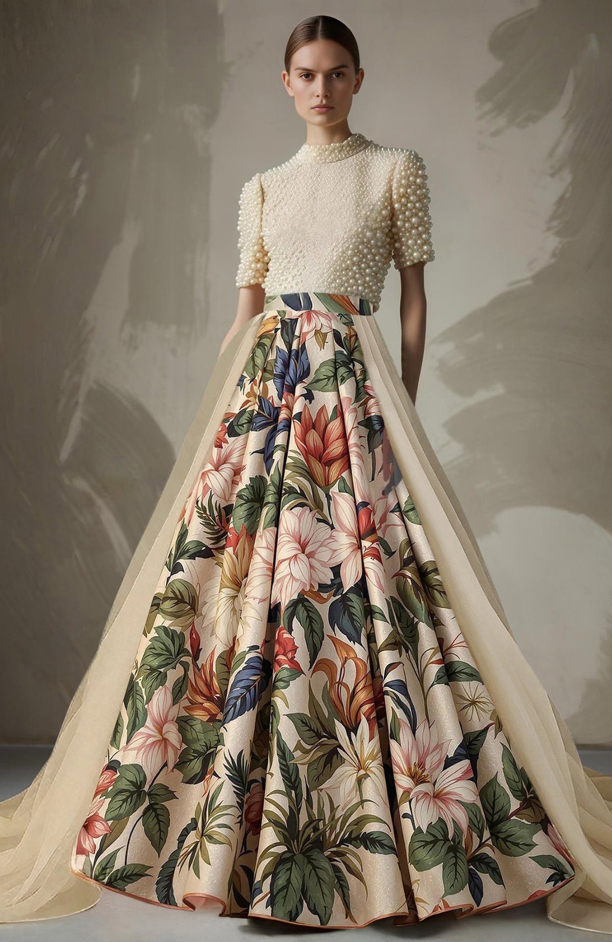 Formal skirt set with pearl-embroidered high-neck top and full floral A-line skirt with sheer panels
