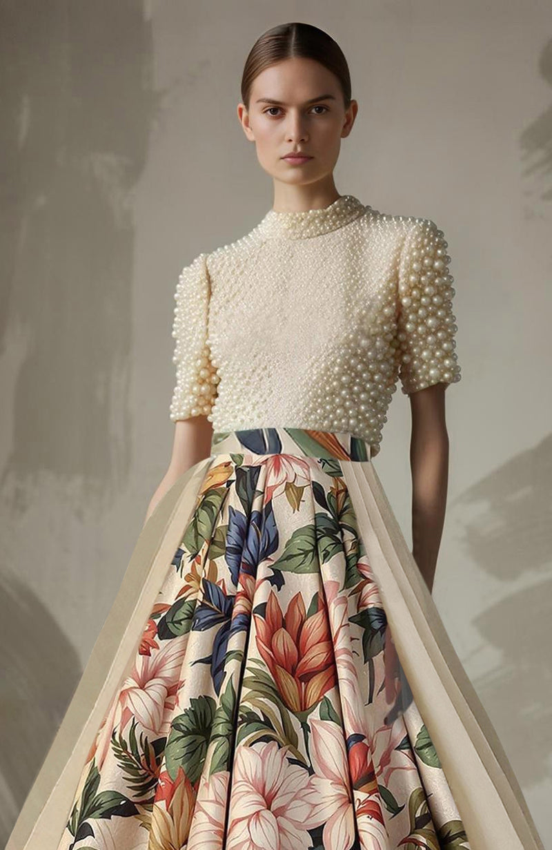 Formal skirt set with pearl-embroidered high-neck top and floral full-length A-line skirt